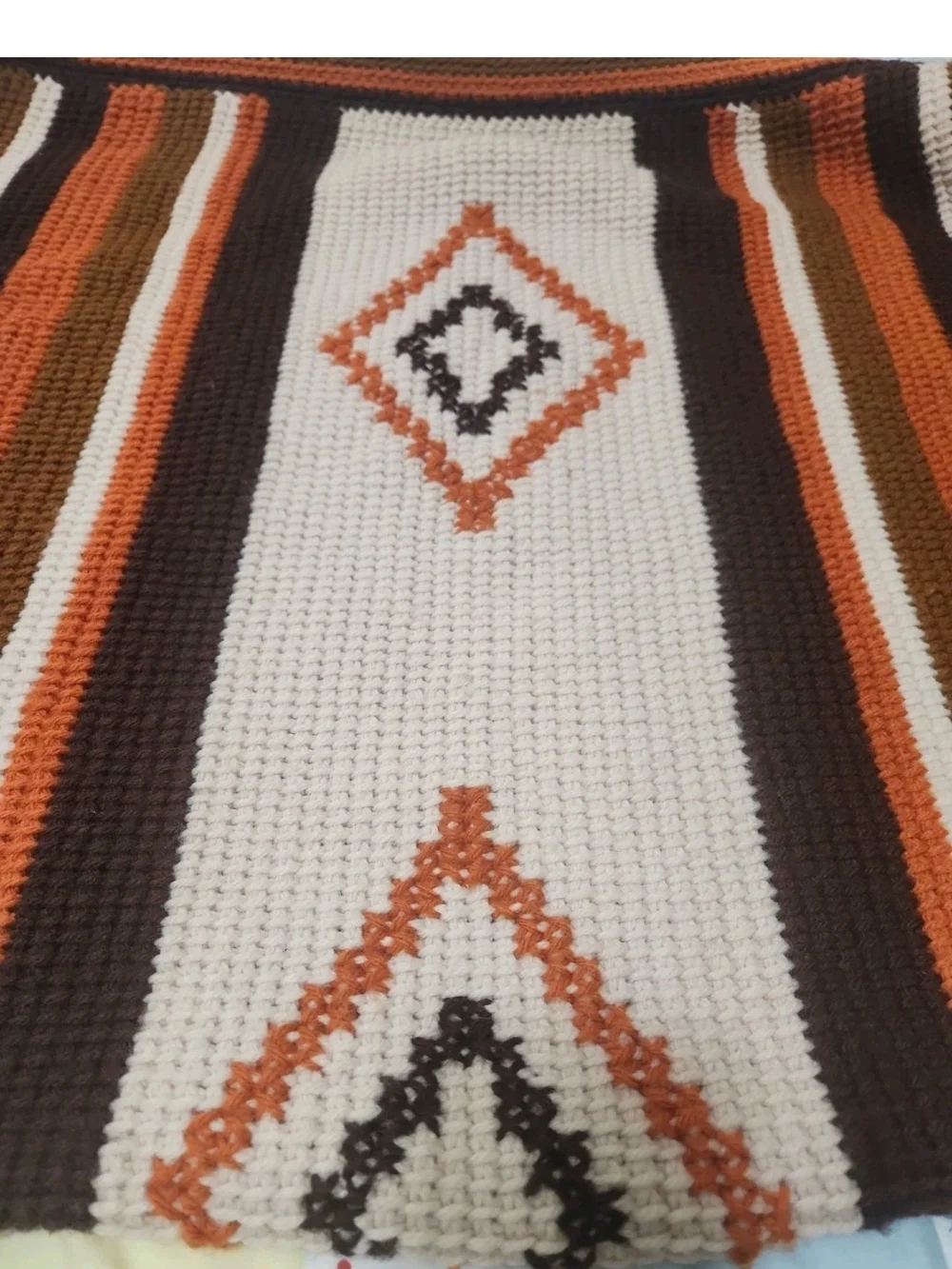 Vtg 70s Southwest Crochet Afghan Blanket Earth Tones Geo Diamond Throw 68x49